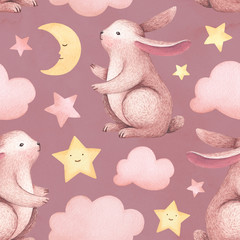 A watercolor illustration of the cute bunny. Seamless pattern