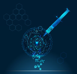 Realistic syringe. Abstract image of a starry sky or space, consisting of points, lines, and shapes in the form of planets, stars and the universe. Low poly vector