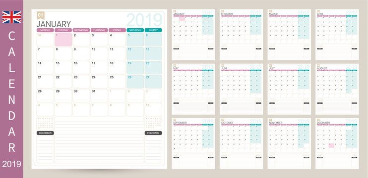 English calendar 2019 / English calendar planner 2019, week starts on Monday, set of 12 months January - December, simple calendar template, set desk calendar template, vector illustration