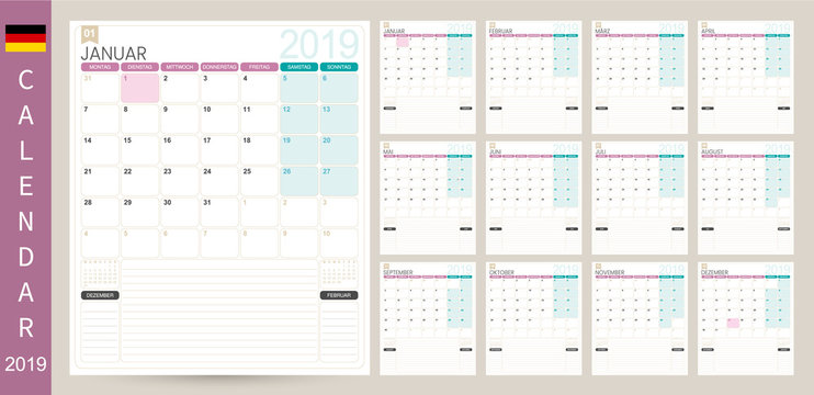 German calendar 2019 / German calendar planner 2019, week starts on Monday, set of 12 months January - December, simple calendar template, set desk calendar template, vector illustration