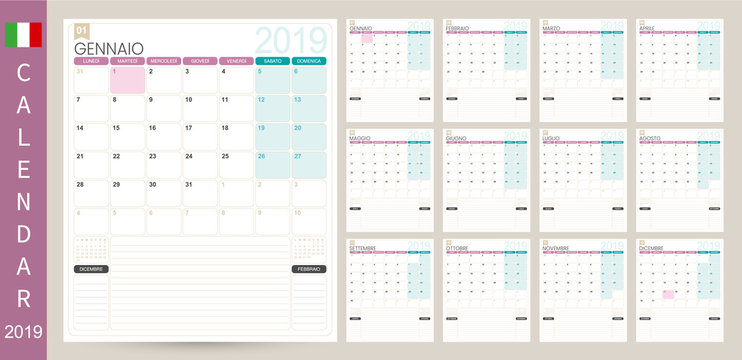 Italian calendar 2019 / Italian calendar planner 2019, week starts on Monday, set of 12 months January - December, simple calendar template, set desk calendar template, vector illustration