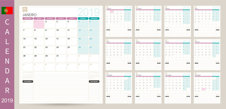 Portuguese calendar 2019 / Portuguese calendar planner 2019, week starts on Monday, set of 12 months January - December, simple calendar template, set desk calendar template, vector illustration