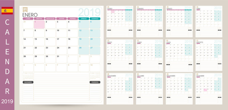 Spanish calendar 2019 / Spanish calendar planner 2019, week starts on Monday, set of 12 months January - December, simple calendar template, set desk calendar template, vector illustration