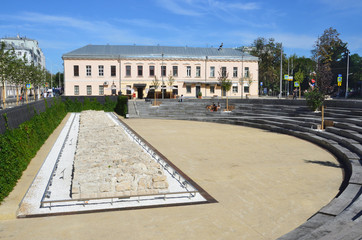 Moscow, Russia, August, 12, 2018.      Fragment of the base of the fortress walls of White city of the 16th century in Moscow