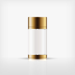 Isolated blank cosmetic bottle with gold cap on white background