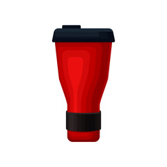 Flat vector icon of red aluminum thermo mug. Vacuum cup with plastic lid for hot beverages. Container for tea or coffee