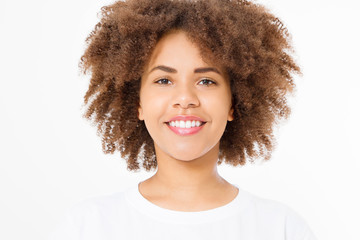 African american young woman macro face isolated on white background. Afro curly hair style. Skin care and makeup concept.