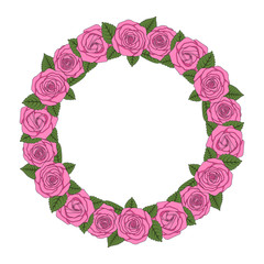 Colored illustration of a round wreath of pink roses. Isolated vector object on white background.