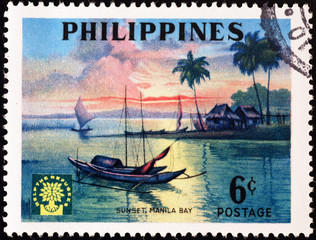 Sunset in Manila bay on stamp