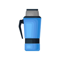 Big blue thermos with black handle. Aluminum vacuum flask for hot beverages. Container for hot drinks. Flat vector icon