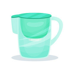 Water filter pitcher with handle. Glass jug for purification liquid. Flat vector for advertising poster or banner