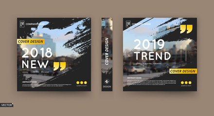 Abstract patch brochure cover design. Black info data banner frame. Techno title sheet model set. Modern vector front page art. Urban city blurb texture. Yellow citation figure icon. Ad flyer text