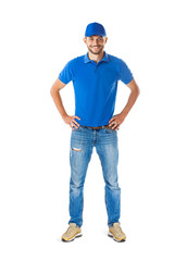 Full length portrait of confident handsome man in blue uniform