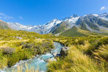 Blue river at Mt. Cook National Park, South Island New Zealand, Summertime