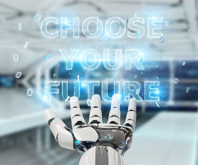White cyborg hand using future decision text interface 3D rendering