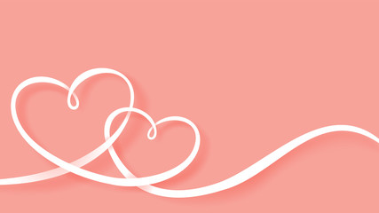 Illustration of love and valentines day. Hearts ribbon in paper art style vector pink background 