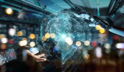 White cyborg hand using planet Earth interface 3D rendering