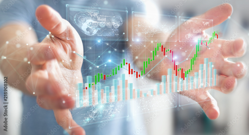 Poster Businessman using 3D rendering stock exchange datas and charts
