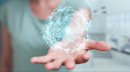 Businesswoman using digital triangle exploding sphere hologram 3D rendering