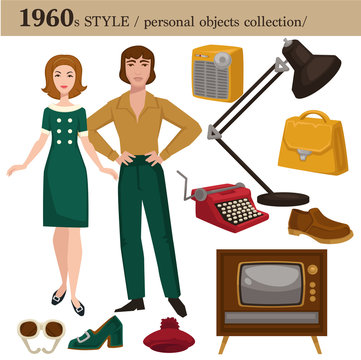 1960 fashion style man and woman personal objects