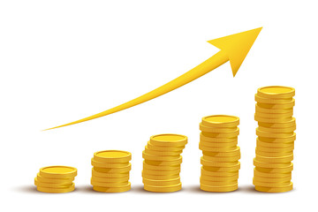 Golden coins and arrow on chart. Vector illustration.