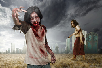 Two terrible zombies with anger face haunted the abandoned city