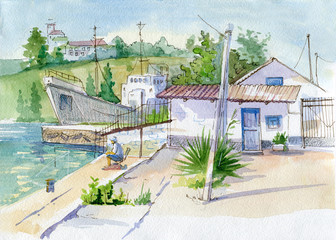 Beautiful watercolor landscape. View of the sea and ships in the port. Southern Bay of Sevastopol. Crimea.