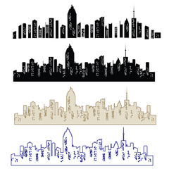 Set of vector cities silhouette. Night town on transparent background. Set of city landscapes