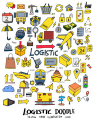 Set of logistic doodle vector. Creative colour art hand draw illustration on white eps10