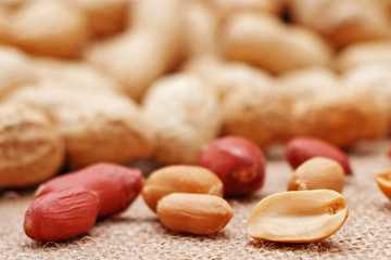 Peanuts on the background of sack cloth.