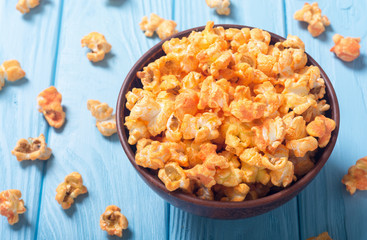 Yellow cheese popcorn in bowl