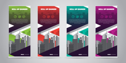 Business Roll Up Banner. Standee Design. Banner Template. 4 Various Color Set - Vector illustration