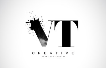 VT V T Letter Logo Design with Black Ink Watercolor Splash Spill Vector.