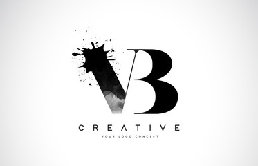VB V B Letter Logo Design with Black Ink Watercolor Splash Spill Vector.
