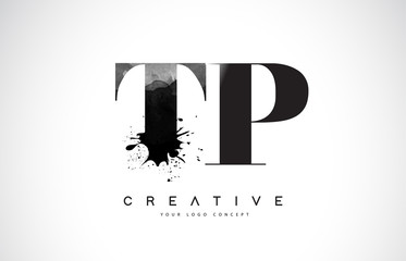 TP T P Letter Logo Design with Black Ink Watercolor Splash Spill Vector.