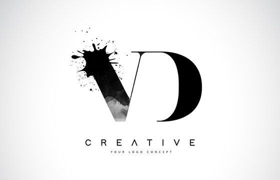 VD V D Letter Logo Design with Black Ink Watercolor Splash Spill Vector.