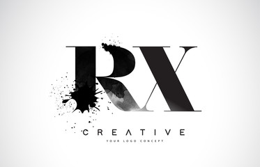 RX R X Letter Logo Design with Black Ink Watercolor Splash Spill Vector.