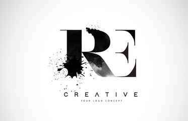 Fototapeta RE R E Letter Logo Design with Black Ink Watercolor Splash Spill Vector. obraz