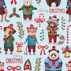 Watercolor illustrations of cute animals. Christmas pattern