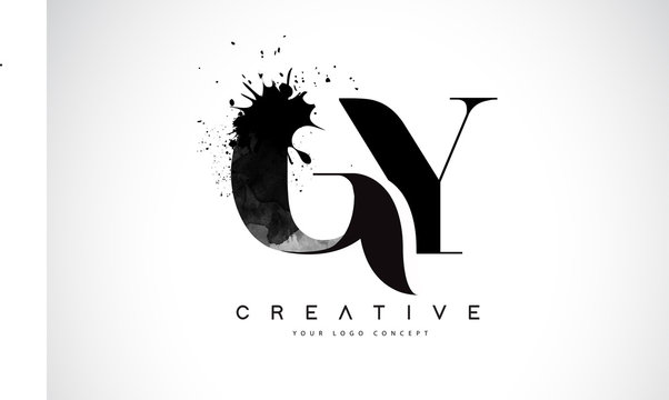 GY G Y Letter Logo Design with Black Ink Watercolor Splash Spill Vector.