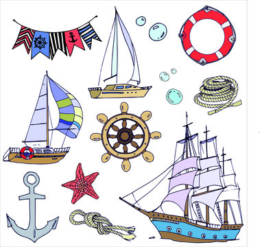 vector drawings about the sea, ships, ropes, anchor, flags and other