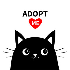 Adopt me. Dont buy. Black cat face silhouette. Red heart. Pet adoption. Kawaii animal. Cute cartoon kitty character. Funny baby kitten. Help homeless animal Flat design. White background Isolated.