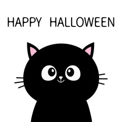 Black cat sitting silhouette. Happy Halloween. Cute cartoon character. Pet baby collection Greeting card. Flat design. White background. Isolated