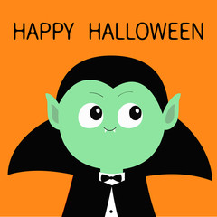 Happy Halloween. Count Dracula wearing black cape. Cute cartoon funny spooky vampire baby character. Green face with fangs. Greeting card. Flat design. Orange background. Isolated.