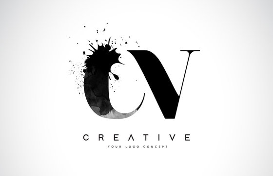 CV C V Letter Logo Design with Black Ink Watercolor Splash Spill Vector.