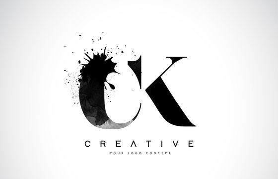 CK C K Letter Logo Design with Black Ink Watercolor Splash Spill Vector.