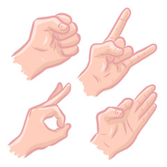 Set of man hands showing different signs, success, pointing, like, dislike, stop. Hand drawn vector doodle cartoon Illustration