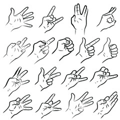 Set of man hands showing different signs, success, pointing, like, dislike, stop. Hand drawn vector doodle cartoon Illustration