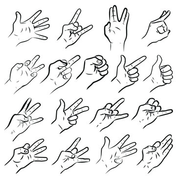 Set of man hands showing different signs, success, pointing, like, dislike, stop. Hand drawn vector doodle cartoon Illustration