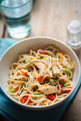 Sweet chilli chicken pasta salad with edamame and red peppers
